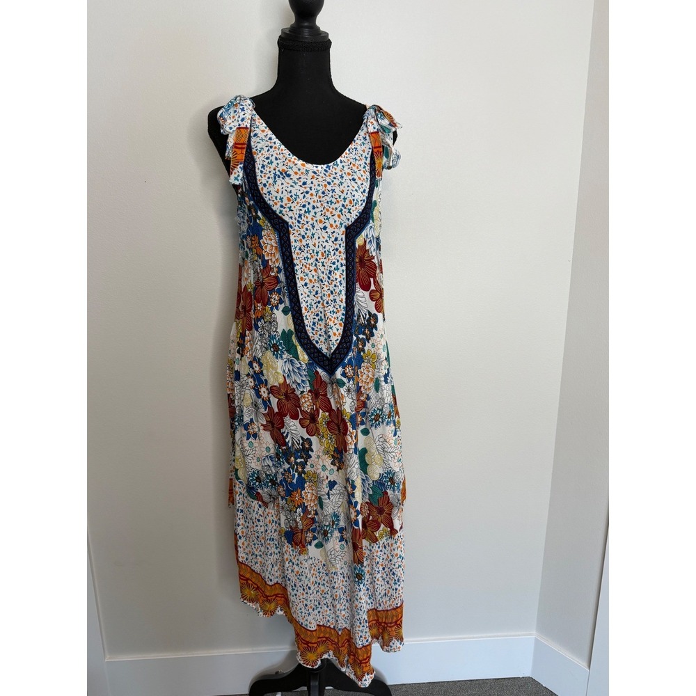 Seven Islands New York Floral Sharkbite Boho Tie Shoulder Midi Dress L